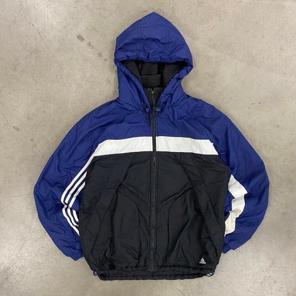 Vintage 90s Adidas‎ Black and Blue Puffer Striped Sleeve Sportswear Jacket